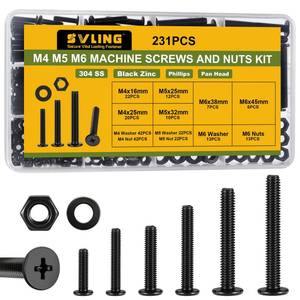 lot 2208 image: SVLING 231Pcs Machine Screws and Nuts Assortment Kit,M4 M5 M6 Phillips Flat Round Head 304 Stainless Steel Metric Nuts and Bolts Washers Kit Black,for Wall Plate SwitchFurniture Assembly