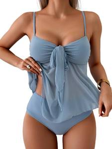 lot 2211 image: B2prity Tankini Swimsuits for Women, Tummy Control Flowy Mesh Tops, High Waisted Bottoms, Coquette 2 Piece Bathing Suits Grey Blue XL