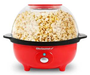 lot 3646 image: Elite Gourmet EPM330R Automatic Stirring Ceramic Nonstick 12-cup Popcorn Maker, Hot Oil Popcorn Machine wMeasuring Cap & Built-in Reversible Serving Bowl, Great for Home Party, ETL Approved, Red