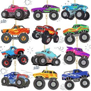 lot 4309 image: Thinkday 12 Pcs Trucks Diamond Art Kits for Kids Painting Keychainsdiy 5d Acrylic Truck Diamond Art Key Chains for Adults Vehicle Rhinestone Hanging Pendants for Beginners Bags