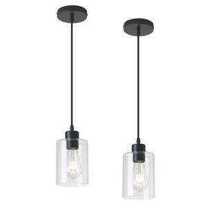 lot 5726 image: KLSS Modern Black Farmhouse Clear Glass Cylinder Pendant Light Fixture,Island Lights for Kitchen,Mini Pendant Lighting for Kitchen Island Decor - 4.75 Inch Shade 58 Inch Cord (Black 2 Pack)