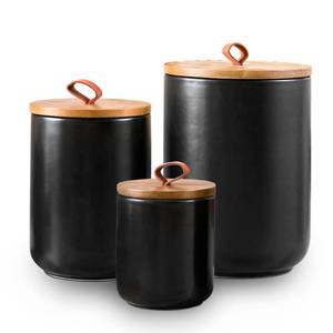 lot 5729 image: Kendiis Black Ceramic Canister Set, 3pcs Ceramic Kitchen Canisters for Countertop with Airtight Wood Lids, Large Flour and Sugar Containers for Coffee, Tea, Spice