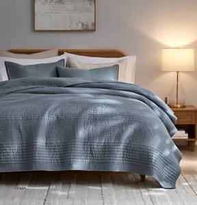 lot 5739 image: palassio Striped Blue Grey 100% Cotton Quilt King Size Bedding Sets, Lightweight Crinkly Channel Pick Stitch Textured Bedspread Soft Shabby Chic Farmhouse Country Coverlet for All Season, 2 Shams