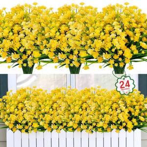 lot 5740 image: Ouddy Decor 24 Bundles Artificial Flowers for Outdoors UV Resistant Fake Plastic Plants Faux Greenery Stems for Spring Summer Indoor Garden Patio Window Box Kitchen Home Decor, Yellow