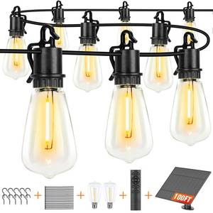 lot 5744 image: Solar String Lights Outdoor Waterproof 100ft with 52 Shatterproof,Solar Lights Outdoor Remote ST38 Vintage Edison Bulbs,Salor Ourdoor Light Hanging Lights Waterproof for Outside Backyard