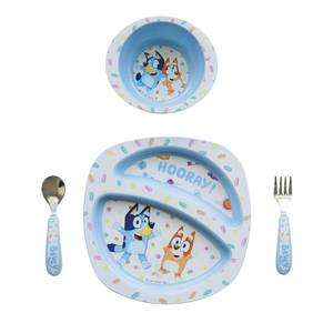 lot 5767 image: The First Years Bluey 4-Piece Place Setting - BPA Free Dishwasher Safe Toddler Dinnerware Set with Divided Plate, Bowl, Fork, Spoon - Multicolor