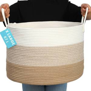 lot 5775 image: OrganiHaus Large Woven Storage Basket for Blankets and Toys 20 x 13 Inch, Rope Laundry Basket with Handles, Cushions & Pillows Storage Bin, Nursery Hamper, Soft Round Dog Toy Bin - Honey