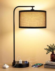 lot 5800 image: Innqoo Black Tall Table Lamp with USB Port and Outlet, Dimmable Nightstand Bedside Lamps with Linen Lampshade, Desk Lamp for Bedroom, Living Room, Guest Room, Home Office, LED Bulb Included