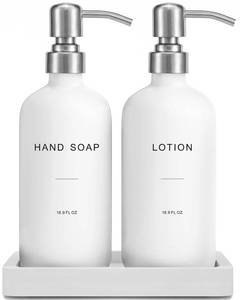 lot 11464 image: Prus Waso White Soap Dispenser Bathroom Set, Hand and Lotion Dispenser with Pump, Perfect for Bathroom Essentials for New Home. (Silver & White)