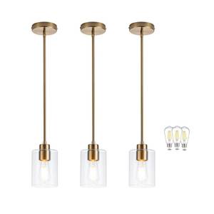 lot 11466 image: MAYNA 3-Pack Brushed Brass Dining Room Light Fixtures, Modern Gold Pendant Lighting Over Island, Adjustable Rods Glass Chandelier for Kitchen Table (Bulbs Included)
