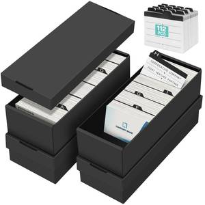 lot 11486 image: QLOUNI Business Card Storage Box 4 Pack, Business Card Holder Case with Lids & 112 Index Dividers, Holds 3200 Cards Total, Desk Business Card Organizer, Black Card Index & Recipe Card Storage
