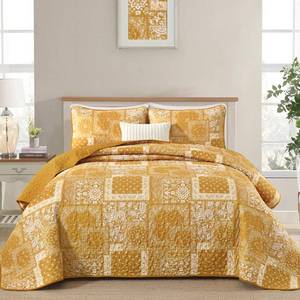 lot 11507 image: Cottolester Boho Quilt Set Queen Size,3 Pieces Yellow Patchwork Paisley Quilt Set,Soft Microfiber Farmhouse Bedspread Bedding Set for All Season 96x90