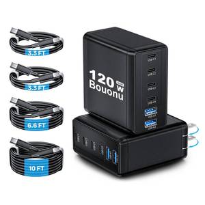 lot 12042 image: 2 Pack USB C Charger Block with 4 USB Cables 120W GaN Type C Charger Fast Charging Block 6 Port Foldable for iPhone 1716 Series, Pixel, iPad, Samsung Galaxy Series (Black)