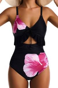 lot 12059 image: EVOCRCO Women One Piece Swimsuit Tummy Control Ruffle Bathing Suit Cutout V Neck Swim Suit Ruched Slimming Swimwear