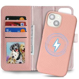 lot 12064 image: east clear Detachable Genuine Leather Case for iPhone 1314 Wallet Case Magnetic 2in1 Removable Flip Cover Support Magsafe Charging Stand Function Card Holder Shockproof Protective Cover-Pink