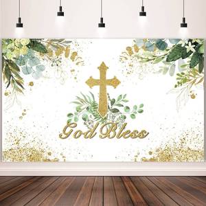 lot 12068 image: Capoda 71 x 43 Inch God Bless Baptism Backdrop First Communion Party Decoration God Bless Baptism Photo Booth Props for Christening Backdrop Decor for Newborn Baby Shower Party Supplies(White Green)