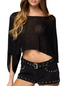 lot 12070 image: TAQCUX Womens Summer Knit Sheer Poncho Crop Tops Oversized Beach Cover Up Sexy Lightweight Crochet Shrug Shawl(Black-S)