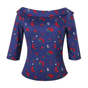 lot 12071 image: YARN & INK Womens 1950s Vintage Pinup Tops Back Bow Tie Cute Rockabilly Swing Elegant Shirt, Casual Blouse for Women (Blue Cherry, S)
