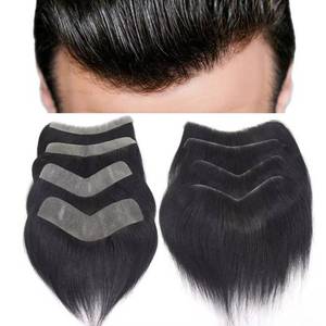 lot 12095 image: HAPPY&CC Forehead Hairline Toupee for Men High Density Human Hair Skin PU Mens Front Hair Piece V Loop Frontal Hair Topper for Receding Natural Hairline Replacement Systems 1B Black 16x2cm