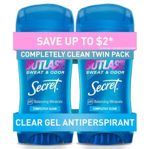 lot 12107 image: Secret Outlast Antiperspirant Deodorant for Women, 72hr Sweat & Odor Protection, PH Balancing Minerals, Pro-Hyaluronic Acid, Clear Gel, Completely Clean Scent, 2.6 oz (Pack of 2)