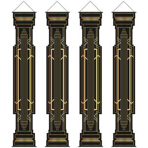 lot 12122 image: RoundFunny 4 Pcs Roaring 20s Party Decorations Black and Gold Column Door Porch Banner 1920s Hanging Banner Speakeasy Awards Wedding Decorations Supplies