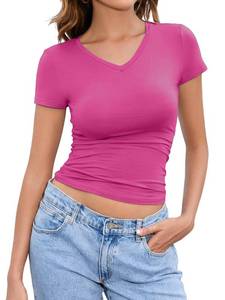 lot 12124 image: Abardsion Women Slim Fit Basic Tees Casual Short Sleeve V Neck Summer T Shirts Tops (Hot Pink, M)