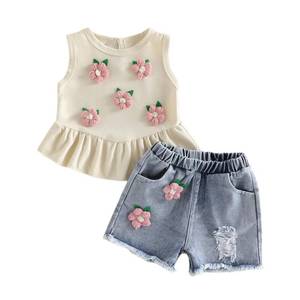 lot 12133 image: YINGISFITM Toddler Girl Clothes Baby Summer Waffle Knit Tank Top Sleeveless Shirt Jeans Shorts Floral Outfit Girls Clothing (Cream floral, 2-3T)