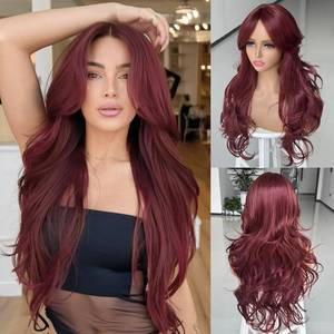 lot 12135 image: Jadeadyseg Burgundy Wig Long Layered Wavy Wigs With Curtain Bangs for Black White Women Synthetic Long Wine Red Layered Wavy Burgundy Shaggy Hair Butterfly Haircut 24inch
