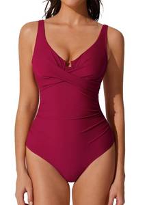 lot 12148 image: RXRXCOCO Women One Piece Swimsuits Tummy Control Ruched V Neck Cutout Slimming Bathing Suits Full Coverage Underwire Swimwear Red L