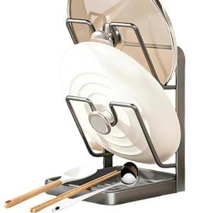 lot 13324 image: 2026 New Multifunctional Kitchen Pot Lid Organizer with Removable Drip Tray, Double-Layer Lid Holder Stand for CountertopStove Top - Space-Saving Storage for Pot Lids, Spoons & Kitchen Tools (Gray)