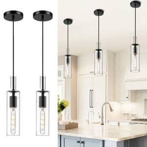 lot 13329 image: AUTELO 2 Pack Pendant Light Fixtures, Brushed Gold Pendant Lights Kitchen Island, Vintage Cylinder Glass Pendant Lights, Hanging Light for Kitchen Island, Dining Room, H3875 BGNR-2PK