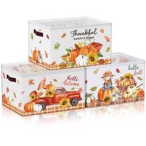 lot 13334 image: Boao 3 Pack Thanksgiving Storage Gifts Baskets Empty Autumn Storage Bins, Large Foldable Pumpkin Scarecrow Fall Harvest Canvas Laundry Basket with Handle for Office Home Nursery Bedroom Clothes