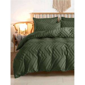 lot 13342 image: Nanko Olive Green Duvet Cover King Size, 3pc Boho Tufted Microfiber Bedding Comforter Cover Set, All Season Aesthetic Shabby Chic Soft Embroidery Textured Geometric Quilt Cover (104x90)