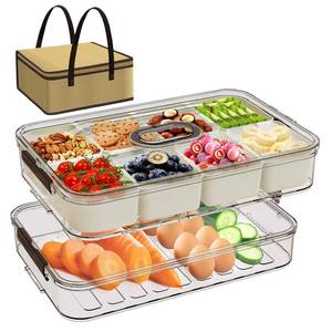lot 13346 image: Snack Box Containers, Divided Serving Snack Tray with Lid - Double layered Stackable Snackle Platters with Bag, 8 Compartment for Snacks, Candy, Fruits, Nuts, Veggie for Fridge, Gray Large Organizer.