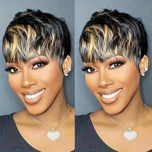 lot 14235 image: VCK Short Human Hair Wigs for Black Women Short Layered Black and Blonde Color Pixie Cut Wigs for Women Brazilian Remy Human Hair Summer Wig Glueless Full Machine Made
