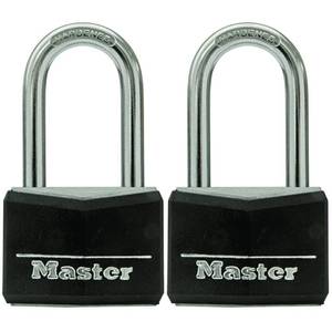lot 14247 image: Master Lock Black Vinyl Covered Aluminum Padlock with Key, Keyed-Alike Lock for Toolboxes, Gym Lockers, or Storage Locker, 2 Pack, 141TLF