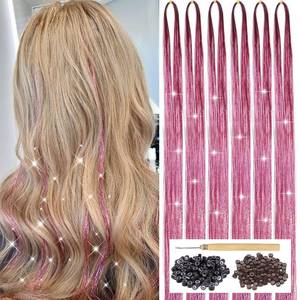 lot 14272 image: Pink Hair Tinsel Kit with Tool 6pcs 1200 Strands Glitter Tinsel Hair Extensions Heat Resistant Sparkling Shiny Fairy Hair Accessories for Women Girls Kids 47Inch