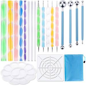lot 14278 image: Augshy 19pcs Mandala Dotting Tools Set Pen Dotting Tools Mandala Stencil Ball Stylus Paint Tray for Painting Rocks, Coloring, Drawing and Drafting