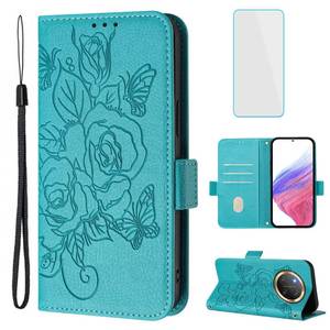 lot 14305 image: OUEAYIEN for Honor Magic7 Lite 5GX9C 5G Phone Case Wallet with Screen Protecter RFID Blocking Flip Card Women Cell Phone Cover Floral Blutterfly Case for Honor Magic 7 Lite HonorX9C 5G Light Blue