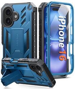 lot 14306 image: FNTCASE for iPhone 16 Phone Case Military Grade Built-in Screen Protector Kickstand Matte Textured Drop Proof Protection Cover  Rugged Shockproof TPU Protective Sturdy Cases - Blue