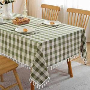 lot 14318 image: JIALE Spring Gingham Tablecloth Rectangle Cotton Linen Fabric Checkered Table Cloth with Tassel Washable Wrinkle Free Buffalo Plaid Table Cover for Outdoor Party Picnic Kitchen Dining, Green, 55x75