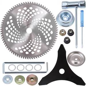 lot 14321 image: PLAXNS 10 x 3 Teeth Carbon Steel Brush Cutter Blades,10 x 80T Carbide Tip Brush Cutter Trimmer Compatible for Husqvarna, Stihl, Oregon, and Hitachi Trimmer, Lawnmower (with 2 Different Adapter Kits)