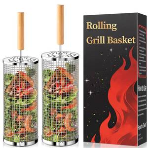 lot 14387 image: Rolling Grill Basket, Fathers Day Gifts for Dad Husband, Removable Wooden Handle, 304 Stainless Steel, Nesting BBQ Tools for Vegetable, Outdoor Smoker Camping Accessories, Grill Gift for Men Birthday