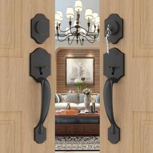 lot 19757 image: Goldenwarm Double Front Door Lock Set, Oil-Rubbed Bronze Double Door Handlewith Dummy, Double Classic Front Door Hardware Set with Reversible Wave Handle Lever, Double Entry Door Lock Set