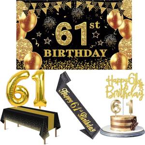 lot 20152 image: 61st Birthday Decorations Men Women with 61st Birthday Banner, Black and Gold Table Cloth, Number Balloons, Large Sash, Cake Topper and Candles
