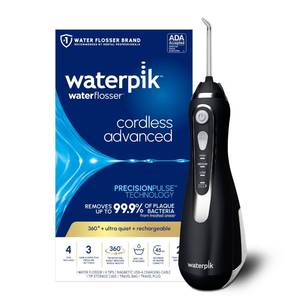 lot 20177 image: Waterpik Cordless Advanced 2.0 Water Flosser For Teeth, Gums, Braces, Dental Care With Travel Bag and 4 Tips, ADA Accepted, Rechargeable, Portable, and Waterproof, Black WP-582, Packaging May Vary