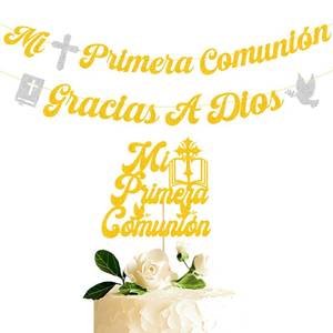 lot 20181 image: Anreixx Mi Primera Comunion Banner & Gracias A Dios Banner Kit, Spanish My First Holy Communion Decoration with Christening Sign & Cake Topper, Glitter Gold