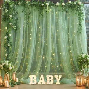 lot 20216 image: 10�10ft Green Tulle Backdrop Curtain with Lights String for Parties, Sheer Photo Curtain Backdrop Drapes for Wedding Party Photography Backgrounds