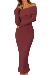lot 20231 image: MEROKEETY Womens Winter Off Shoulder Bodycon Sweater Dress 2026 Spring Formal Long Sleeve Elegant Club Party Midi Dresses, Burgundy, X-Small