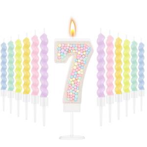 lot 20264 image: MTLEE Number 7 Birthday Candle with 12 Pcs Spiral Candles for Girls Macaron Pastel Rainbow Unicorn Pink Cake Topper for Sweet Theme Party Decoration